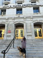 Seeing Eye dog Mylo and I stand on the steps of the Lewis R. Slaton Courthouse. I'm smiling and signing ILY. Behind us, the courthouse doors glow golden in the sun.
