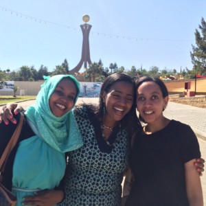 Haben and friends pose in front of Martyrs' Memorial Monument in Mekele.