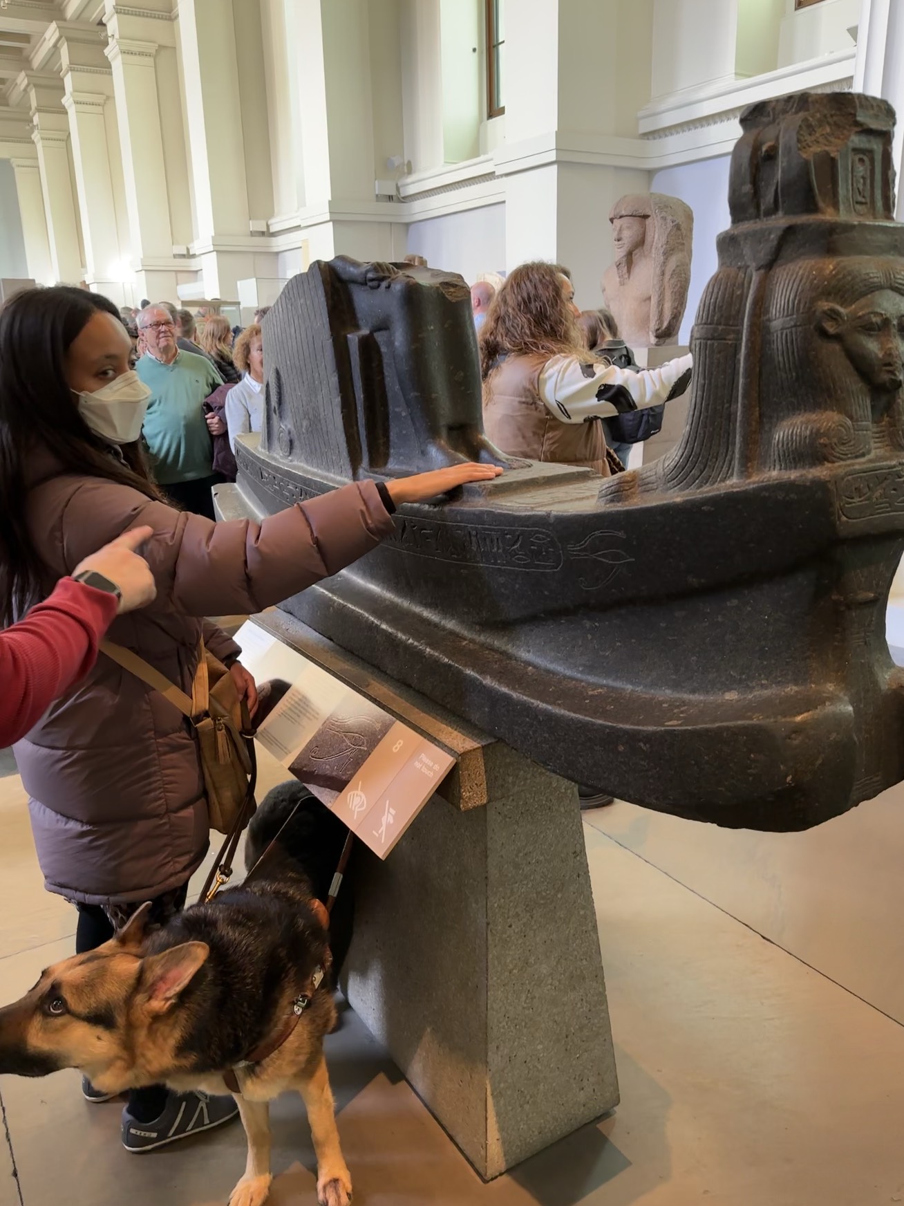 Haben, a Black woman wearing a puffy coat and face covering, feels a large stylized boat in a crowded museum. Her German Shepherd Seeing Eye dog looks up in alarm when a sightie starts angry poking his person. The hand of ableism appears white, and there’s a smart watch on their wrist.