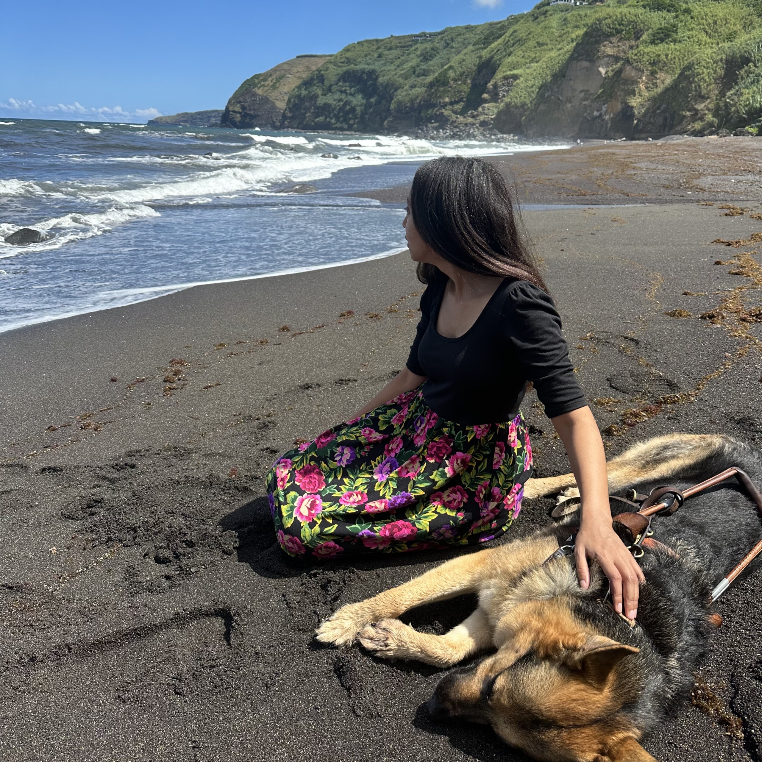 A German Shepherd dog is stretched out on a black sand beach, his eyes half-closed in contentment. I’m sitting beside Mylo, stroking his shoulder as I face the refreshing sea breeze. Vibrant green cliffs jut out of the Atlantic.