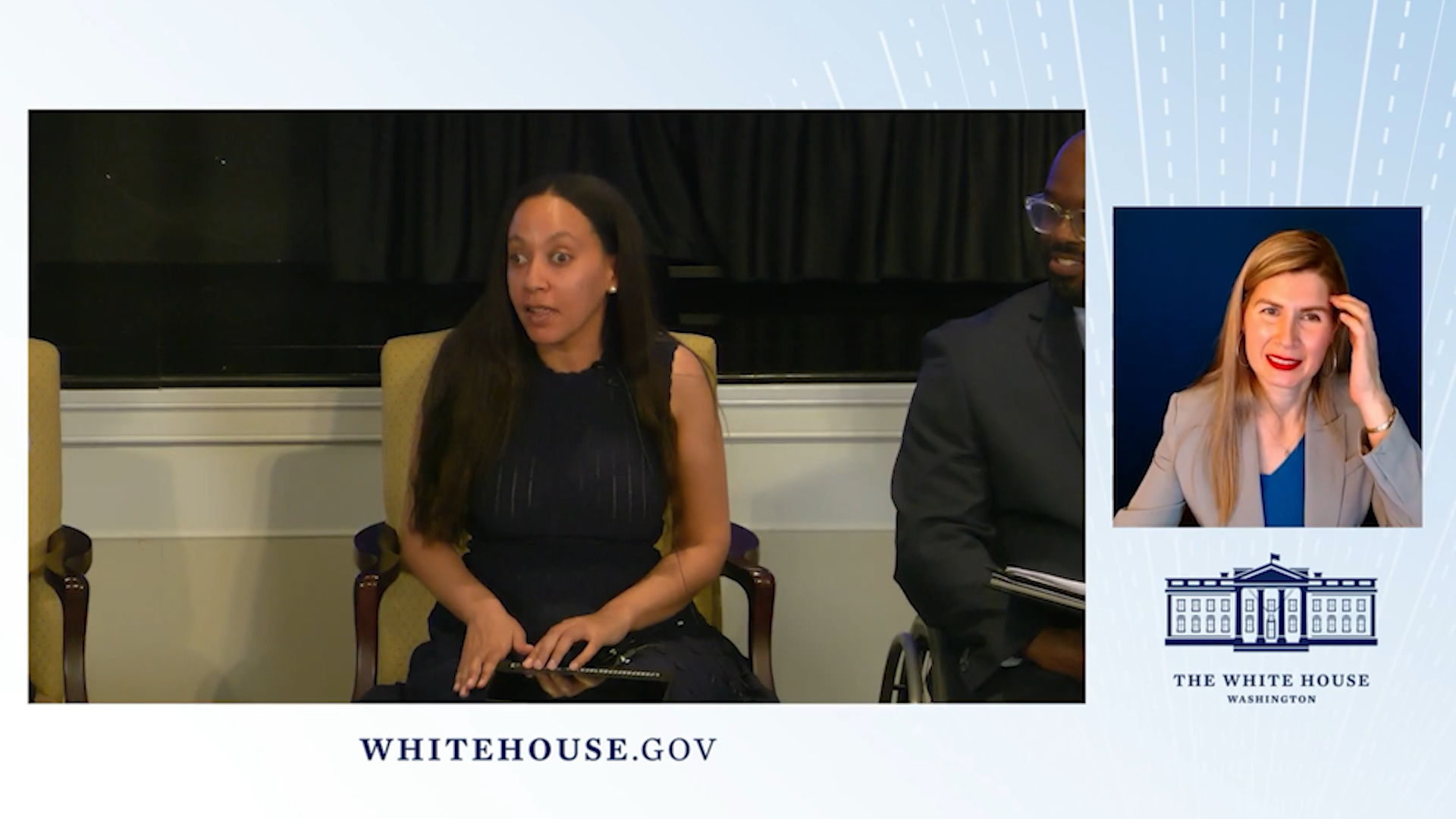 Haben onstage at the White House, wearing a blue dress and speaking. An interpreter is in a separate frame on the right.
